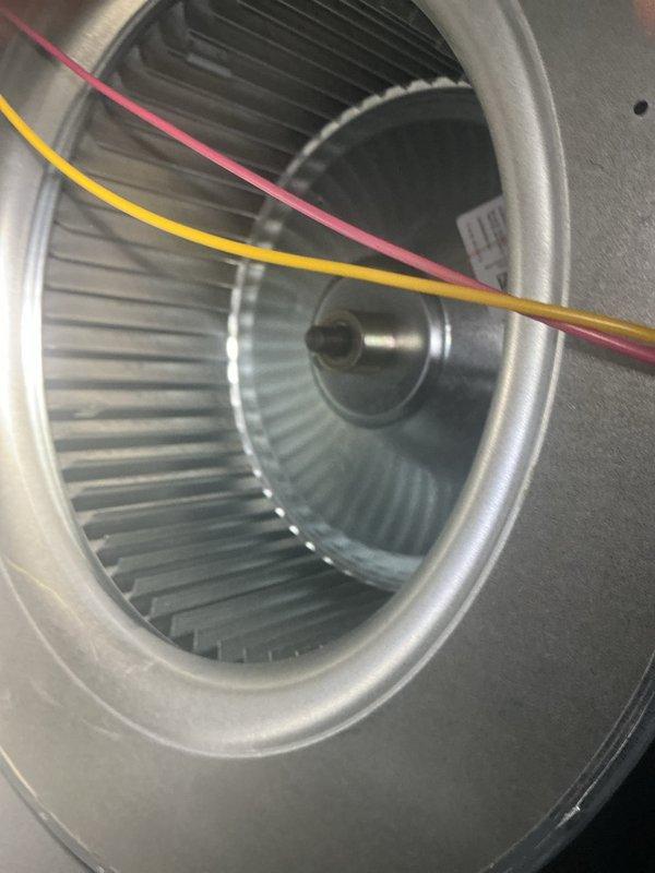 Completed preventative maintenance on residential cooling system. Inspected and photographed blower wheel assembly, confirming proper blade condition and motor shaft connection, with minor dust accumulation noted on components. Verified condensate drain system operation, including trap configuration and cleanout port accessibility.
