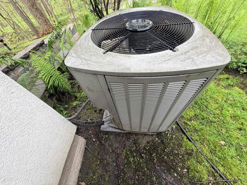 Responded to hail damage inspection request following recent storm. Performed thorough visual assessment of outdoor condensing unit and electrical components. Documented exterior cabinet condition, fan grille assembly, and electrical connections with photographic evidence. Unit showed signs of environmental exposure with weathering on exterior surfaces and debris accumulation around base. Electrical terminal blocks displayed oxidation and accumulated grime consistent with age and outdoor exposure. Completed inspection and provided documentation for insurance claim purposes.