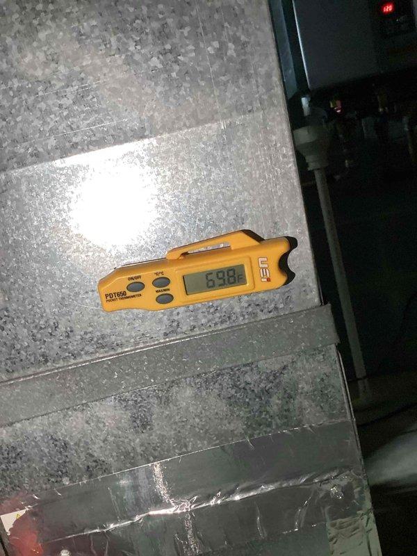 Completed routine HVAC cooling system maintenance with comprehensive temperature diagnostics. Supply air temperature measured at 47.6°F and return air temperature recorded at 69.8°F, indicating proper system operation with approximately 22°F temperature differential across the evaporator coil, which falls within normal cooling performance parameters for residential systems.