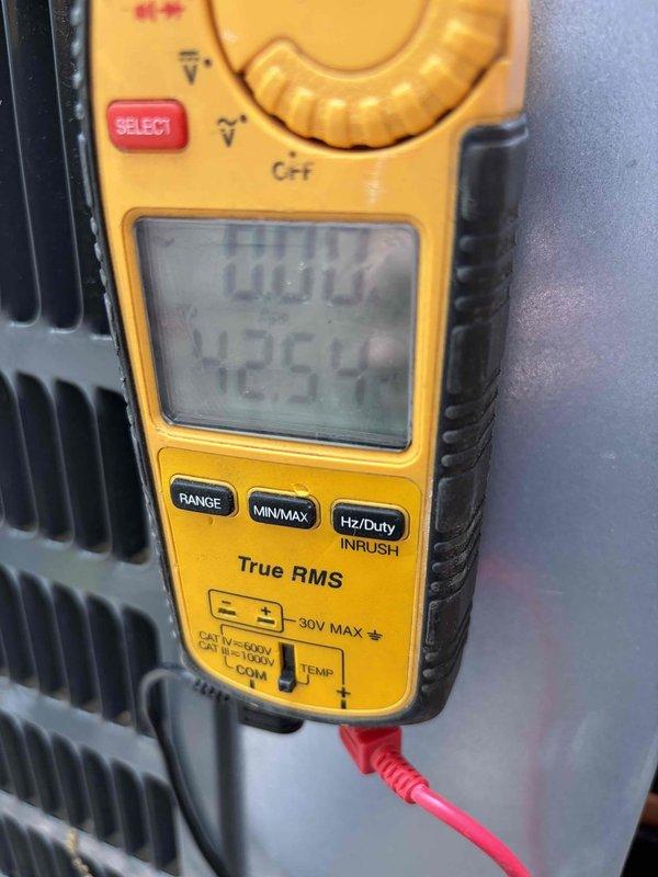 Completed routine cooling system maintenance inspection and performance verification. Measured supply air temperature at 68°F using calibrated digital thermometer and verified electrical parameters with True RMS multimeter to ensure proper system operation. All components operating within normal specifications with no deficiencies noted during this preventive maintenance visit.