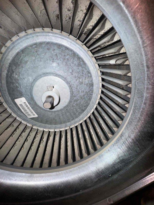 Performed comprehensive cooling system maintenance on HVAC unit. Inspected and documented blower motor assembly and squirrel cage fan wheel, noting dust and debris accumulation on blades and motor housing. Verified proper motor mounting, electrical connections including grounding wire, and multi-conductor wiring harness integrity. Blower assembly components found to be mechanically sound with normal operational wear patterns present.