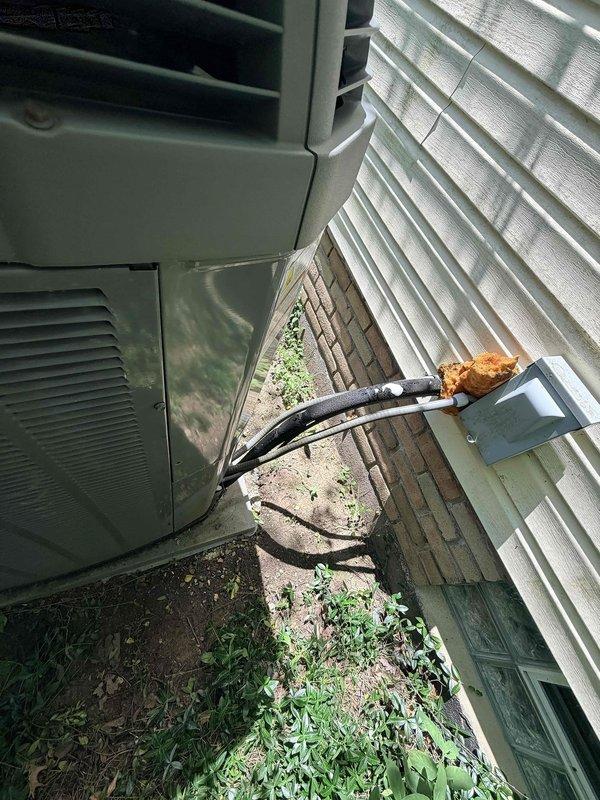 Responded to no cooling complaint on 10-15 year old central air conditioning system. Upon arrival, customer reported indoor fan operating but no cold air delivery to living space and inability to reach temperature setpoint. Performed diagnostic evaluation of outdoor condensing unit and observed significant debris accumulation in equipment base including leaves and organic matter. Inspected electrical disconnect, refrigerant line connections, and conduit routing along foundation. Noted weathering and corrosion on exterior components consistent with unit age and outdoor exposure. Assessed condenser operation, electrical connections, and overall system condition to determine root cause of cooling failure and provided recommendations for necessary repairs to restore proper system function.