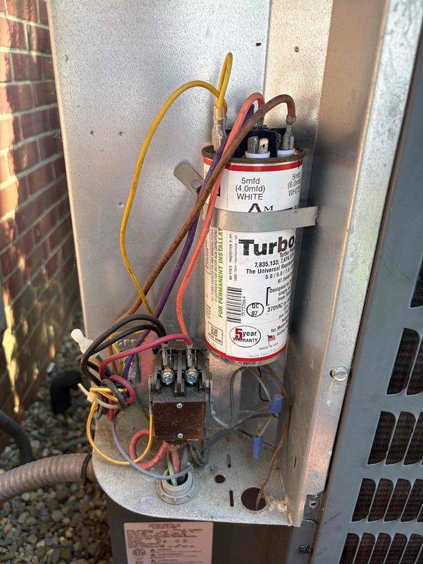 Performed routine cooling system maintenance on HVAC unit. Upon inspection, discovered excessive frost buildup on evaporator coils indicating potential airflow restriction or refrigerant issue. Inspected electrical components including capacitor and contactor, verified proper connections and operation of all wiring and terminals.