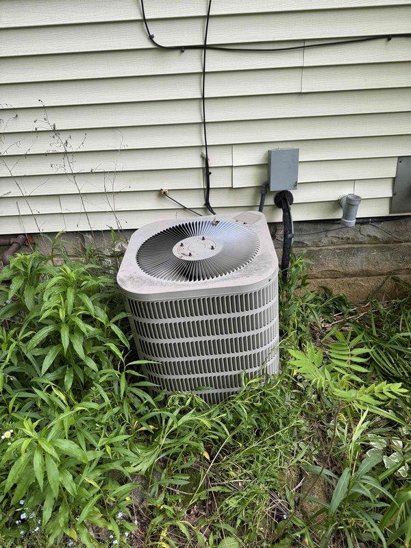 Responded to no cooling call on 10+ year old outdoor condensing unit. Upon arrival, found unit not operating and surrounded by overgrown vegetation restricting airflow. Removed access panel and inspected electrical components including capacitor and wiring connections. Unit showed signs of age with dirt and debris accumulation in compartment. Documented equipment condition with photos showing compromised airflow due to vegetation encroachment and recommended clearing around unit for proper operation and future maintenance access.