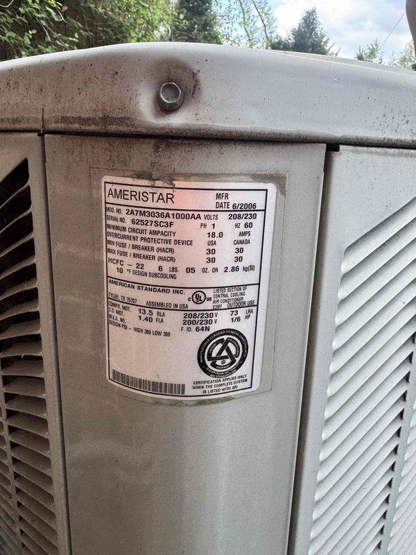 Responded to no cooling complaint on Ameristar condensing unit model 67M303GA100DAA. Upon arrival, performed electrical diagnostics using digital multimeter to assess system operation and measured voltage and amperage readings at the outdoor unit. Verified unit specifications and conducted troubleshooting procedures to identify the cause of the cooling failure.