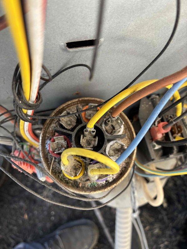 Completed routine cooling system maintenance inspection on residential HVAC unit. Examined blower wheel assembly and verified proper condition of squirrel cage fan blades, confirming adequate airflow capacity and structural integrity. Inspected electrical connections at motor terminal assembly, noting age-related wear and minor corrosion on junction terminals and wiring connections that will require monitoring during future service visits.