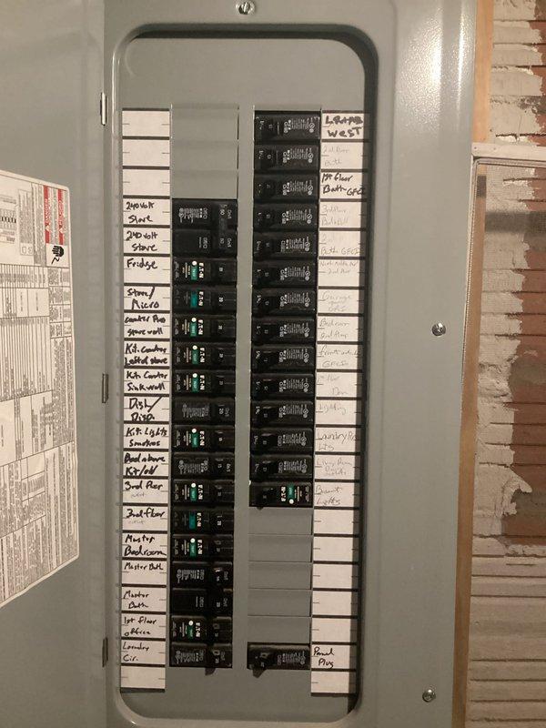 Completed final electrical inspection following third review of installation. Documented electrical panel configuration showing properly labeled circuit breakers for all household circuits including upstairs bedrooms, downstairs storage, kitchen appliances, master bathroom, and laundry room. Verified mechanical room installations with insulated ductwork and associated electrical connections. All systems photographed for record and approved for operation.