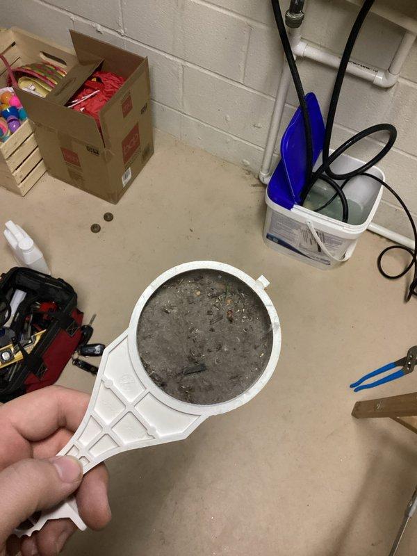 Completed tanked water heater flush and fill as part of scheduled preventative maintenance. Drained unit and removed significant sediment accumulation from tank bottom, as evidenced by heavy gray-brown debris collected in system filter. Identified and documented water leakage at PVC pipe connection point near water heater, showing extensive rust-colored staining and mineral deposit buildup on surrounding surface, indicating ongoing seepage issue requiring future attention. Refilled tank and restored system to operational status.