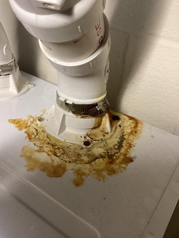 Completed tanked water heater flush and fill as part of scheduled preventative maintenance. Drained unit and removed significant sediment accumulation from tank bottom, as evidenced by heavy gray-brown debris collected in system filter. Identified and documented water leakage at PVC pipe connection point near water heater, showing extensive rust-colored staining and mineral deposit buildup on surrounding surface, indicating ongoing seepage issue requiring future attention. Refilled tank and restored system to operational status.