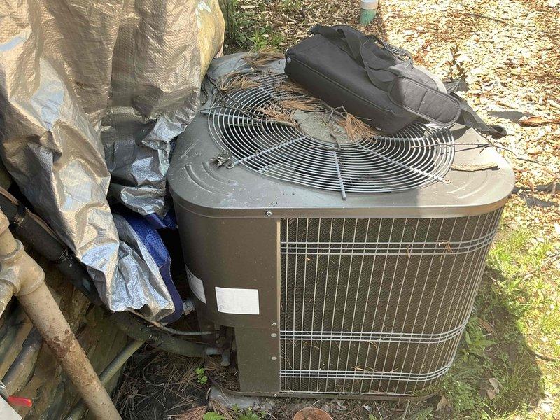 Responded to service call for damaged outdoor condenser unit after tree impact. Assessed extent of damage to condensing unit and provided replacement options to homeowner with active home warranty coverage. Documented existing HVAC system including indoor ductwork conditions and exterior equipment damage for warranty claim processing.