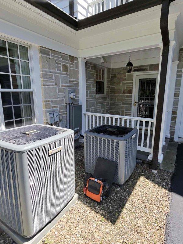 Replaced aging 10-year-old thermostat with new unit to restore proper HVAC system control and functionality. Inspected outdoor condenser units and indoor components during service call, noting condensation on ductwork consistent with normal system operation. All equipment tested and confirmed operational upon completion.
