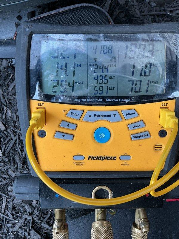 # HVAC Cooling Maintenance Summary

Completed scheduled preventive maintenance on residential cooling system with Goodman furnace unit. Performed comprehensive system diagnostics using digital manifold gauges, recording operating temperatures and pressures to verify proper refrigerant charge and system performance. All measurements indicated normal operating parameters with appropriate superheat and subcooling values. System operating efficiently with no deficiencies noted.

# Detailed Service Description

Performed routine cooling season maintenance on residential HVAC system. Upon arrival, conducted visual inspection of Goodman furnace unit and associated components in basement mechanical room. Verified all manufacturer labels, specifications, and safety warnings were intact and legible on equipment.

Connected Fieldpiece digital manifold gauge set to system service ports to evaluate refrigerant circuit performance. Monitored and recorded multiple temperature readings across evaporat
