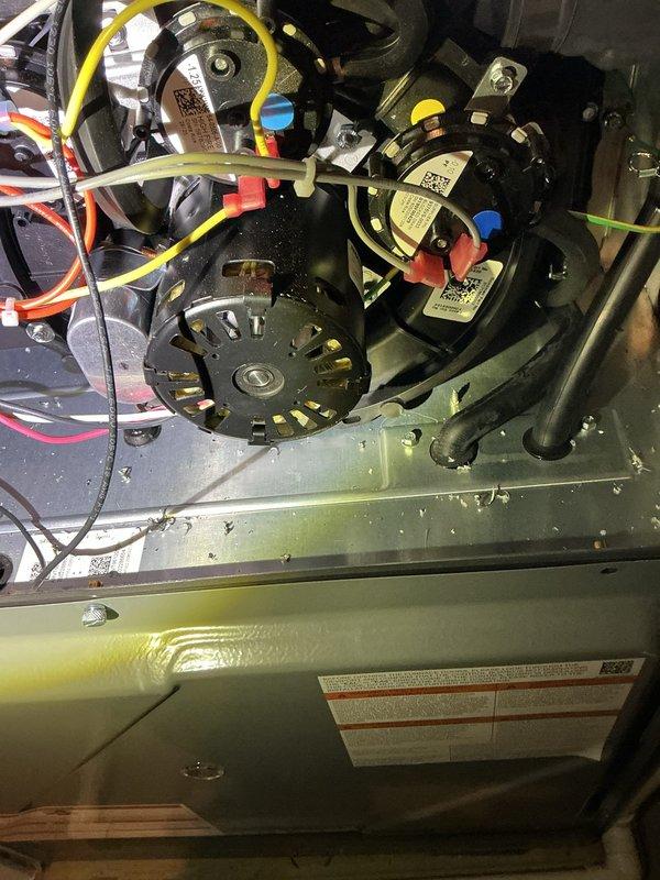 Responded to emergency no-cooling call on recently installed central air conditioning system at residential property. Upon inspection, identified recall-related issue affecting newly installed equipment. Examined blower motor assembly, electrical connections, and capacitor configuration within air handler cabinet. Verified proper wiring connections across multi-speed blower motor terminals and inspected all wire routing including control wiring. Addressed recall component concern and restored system to proper cooling operation.
