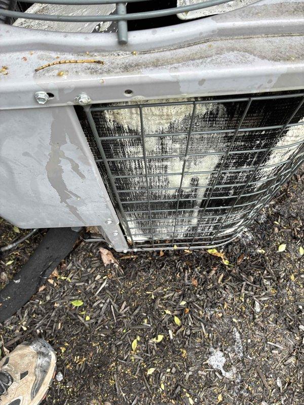 Performed coil wash service on outdoor condensing unit. Condenser coils were heavily soiled with accumulated dirt, debris, and organic matter causing reduced airflow and efficiency. Thoroughly cleaned and washed condenser coils to restore proper heat transfer and system performance.