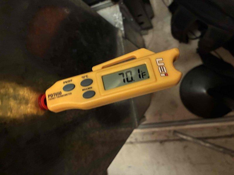 Completed monthly preventive maintenance on cooling system. Performed temperature diagnostics using calibrated digital thermometer, recording ambient and system temperatures at 70°F. Inspected copper refrigerant lines and verified proper operation of HVAC equipment components.