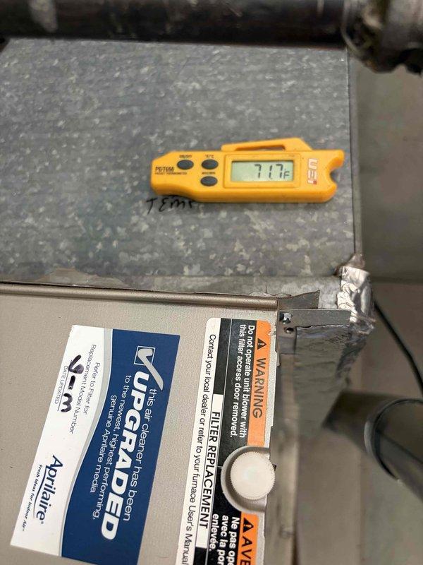 Completed routine cooling system maintenance as part of ongoing preventive maintenance program. Performed comprehensive system diagnostics including temperature and electrical measurements, recording supply air temperature of 71.2°F and verifying electrical parameters reading 340.9 volts at the condenser unit. All measurements within normal operating specifications, system operating efficiently with no issues identified.