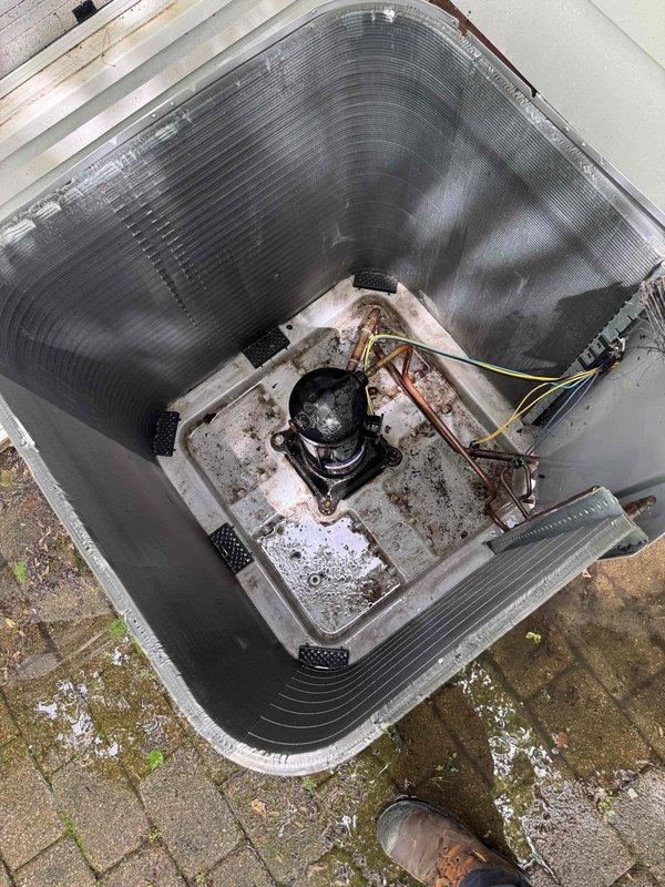 Performed comprehensive maintenance on outdoor condenser unit following rodent intrusion. Chemically cleaned condenser coil to restore heat transfer efficiency, thoroughly inspected all electrical wiring and connections for rodent damage, and verified system integrity. Installed hard start kit to improve compressor performance and longevity, and replaced damaged sound blanket jacket to restore proper noise dampening and compressor insulation.