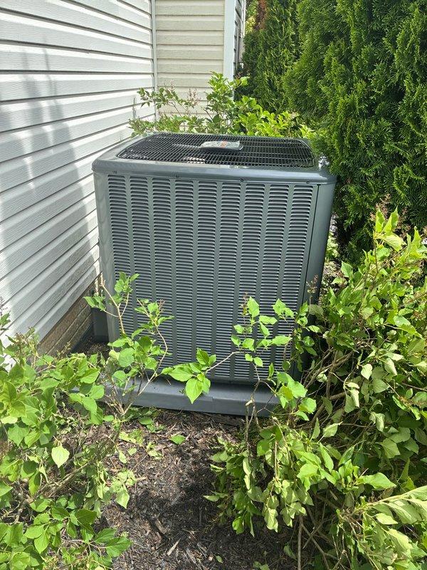 Completed full air conditioning system installation at residential property. Installed new outdoor condensing unit on ground-level pad with proper clearances from structure. Routed and connected refrigerant line set with insulation and protective conduit, secured all brass fittings and connections. Unit positioned adjacent to corrugated metal siding with adequate airflow access. Verified proper placement among existing landscaping to maintain equipment ventilation while providing natural screening. System installed, connections tightened, and unit left operational.