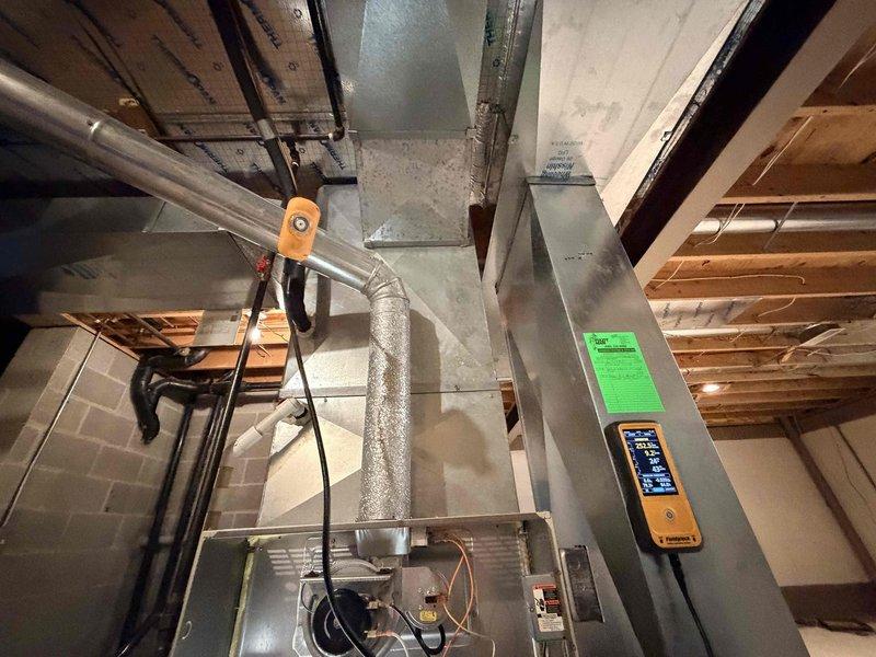 Completed complimentary heating and cooling system check for new homeowners on a two-system HVAC setup. Performed visual inspection of outdoor condensing unit, verified proper installation on concrete pad with adequate clearance and drainage, and inspected electrical connections and refrigerant line set. Conducted indoor equipment assessment including air handler inspection, verified proper mounting and insulation of ductwork, and tested system controls and safety devices using diagnostic equipment to ensure both systems are operating within manufacturer specifications.