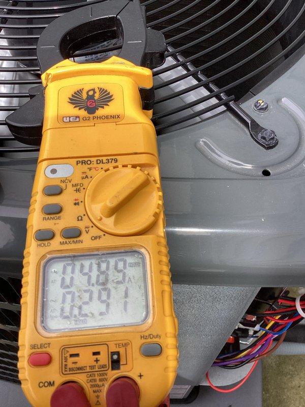 Completed comprehensive cooling system maintenance on HVAC unit. Performed electrical diagnostics using clamp meter to verify proper amperage draw and voltage levels on condenser unit. Inspected condensate drainage system including pump, PVC piping, and collection funnel to ensure proper operation and prevent water damage.
