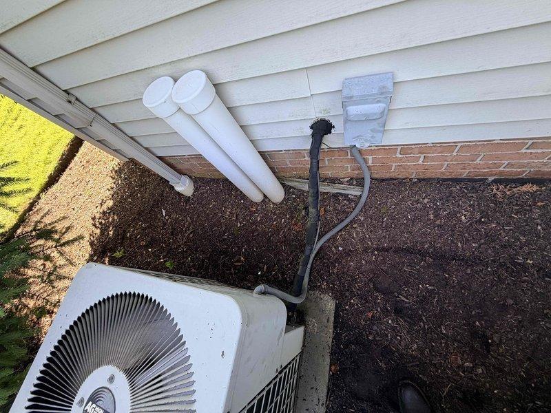 Completed scheduled cooling maintenance on residential HVAC system consisting of three outdoor condenser units. Performed comprehensive inspection of all equipment, verified proper operation of cooling components, checked refrigerant lines and electrical connections, and confirmed adequate drainage from condensate lines. All units tested and operating within normal parameters.