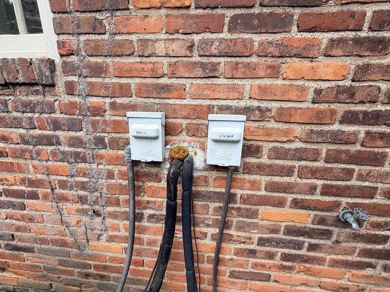 Responded to service call for two non-operational AC units, with one producing noise and no cooling. Performed diagnostic assessment on both Bryant condenser units located in side yard installation. Inspected electrical disconnects, conduit connections, and outdoor equipment for both systems to identify failure points and determine necessary repairs.
