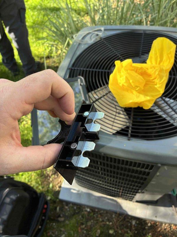 Completed standard HVAC cooling maintenance on outdoor condenser unit. Replaced failed electrical connector component and verified system operation. Measured supply air temperature at 47°F, confirming proper cooling performance and refrigerant charge levels.