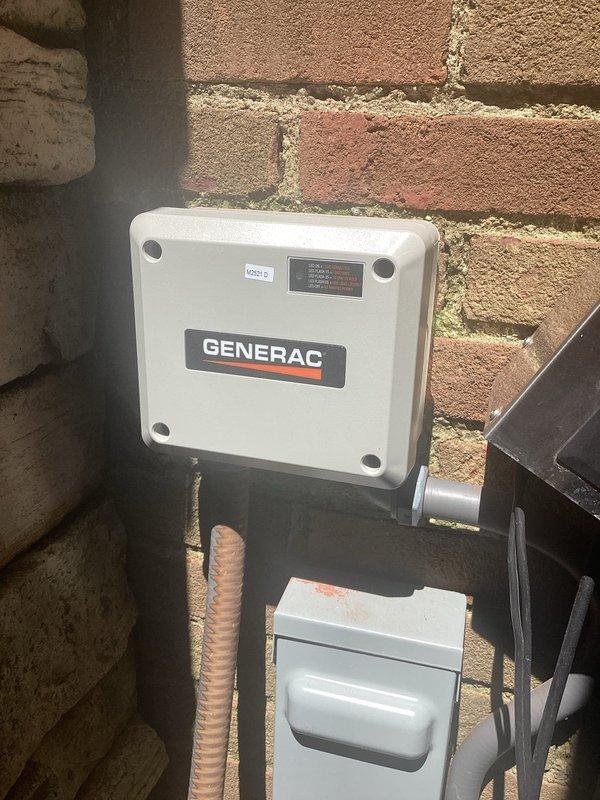 Performed diagnostic evaluation on Generac backup generator system. Inspected control module, transfer switch components, and electrical connections at exterior-mounted unit. Testing indicated potential failure of generator control module. Documented system condition with photographs and recommended scheduling follow-up appointment for module replacement and further repairs.