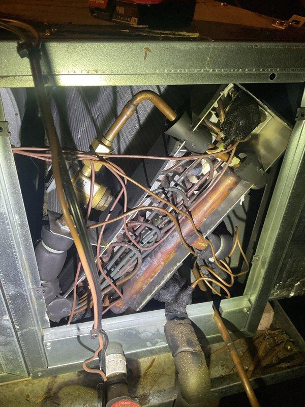 Completed routine cooling season maintenance on Unico high-velocity air conditioning system. Performed comprehensive inspection of evaporator coil assembly, copper refrigerant lines, electrical contactors, capacitor, and all associated wiring connections. All components found to be operating within normal parameters with no deficiencies requiring immediate attention.