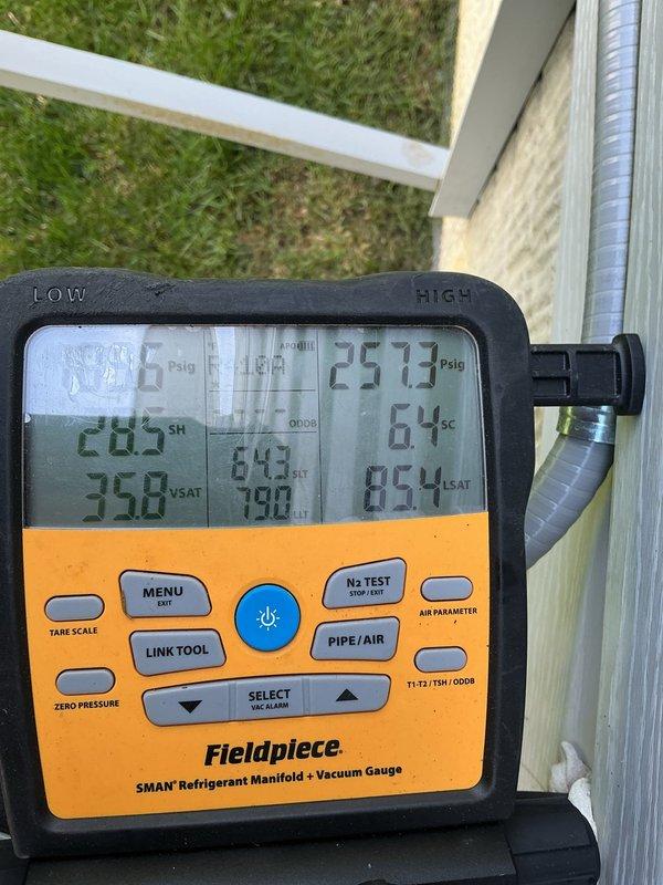 Completed scheduled cooling maintenance on residential HVAC system. Performed comprehensive inspection of outdoor condensing unit, verified refrigerant pressures and superheat/subcooling temperatures using digital manifold gauge, and documented equipment nameplate information including model CAPF1436B6DB. All system parameters measured within normal operating range, and unit is functioning properly for continued cooling season operation.