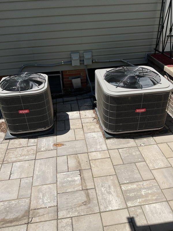 Completed preventive maintenance service on two Bryant air conditioning systems as part of scheduled cooling season maintenance. Performed comprehensive inspection of both outdoor condensing units, including examination of electrical components, capacitors, contactors, and refrigerant line connections. Verified proper operation of condenser fan motors, checked electrical connections for tightness and signs of wear, and inspected unit housings for any damage or deterioration. Both systems operating within normal parameters with no deficiencies noted at time of service.
