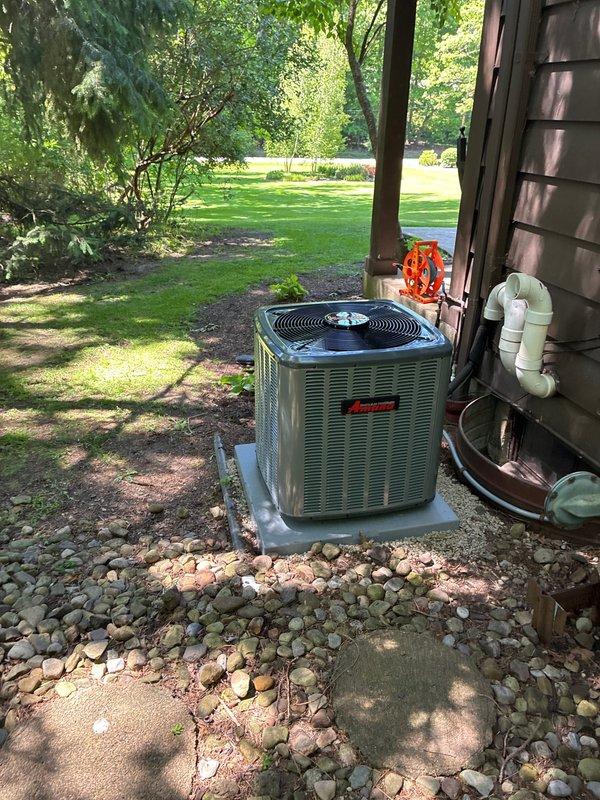 Completed installation of Unico high-velocity air handler system in attic space. Installed new Amana outdoor condensing unit on pad with proper refrigerant line connections and verified system pressures and temperatures using calibrated testing equipment, confirming optimal operational parameters across all measurements.