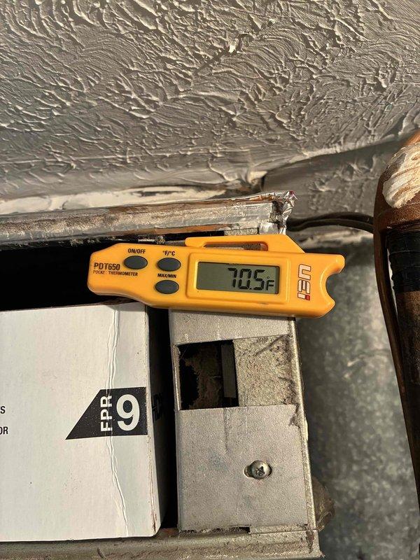 # HVAC Cooling Maintenance Summary

Completed routine preventive maintenance on residential air conditioning system as part of ongoing service agreement. Performed comprehensive system inspection including temperature verification at supply register measuring 70.5°F, visual assessment of electrical connections and terminal integrity at compressor component, and examination of accessible ductwork and mechanical components. All electrical connections, wiring, and terminals found secure with no immediate service needs identified. System operating within normal parameters at time of service.
