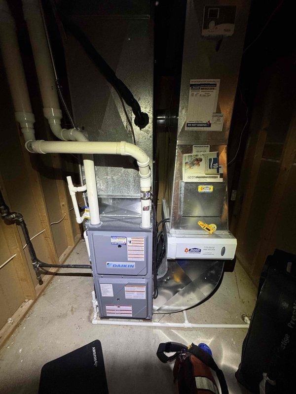 Completed scheduled preventive cooling maintenance on residential HVAC system. Performed comprehensive inspection of outdoor Daikin heat pump unit including examination of fan assembly, condenser coils, and exterior components. Verified proper operation of indoor air handler and furnace system, checked refrigerant lines, electrical connections, and condensate drainage. All equipment operating within normal parameters with no deficiencies noted.