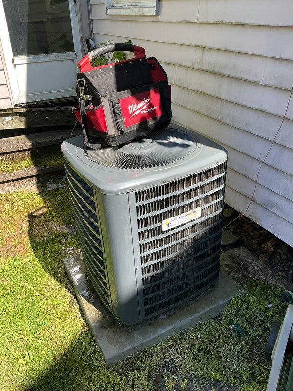 Completed scheduled preventive maintenance on residential cooling system. Performed comprehensive inspection of outdoor condensing unit, including visual assessment of cabinet condition, coil cleanliness, and overall system operation. Noted weathering and biological growth on exterior surfaces of unit and concrete pad. Verified thermostat operation and temperature settings inside residence, confirming proper communication between control system and cooling equipment. Addressed customer concern regarding non-functional outdoor water hose connection. All routine maintenance protocols executed per manufacturer specifications to ensure optimal system performance and reliability for continued operation.