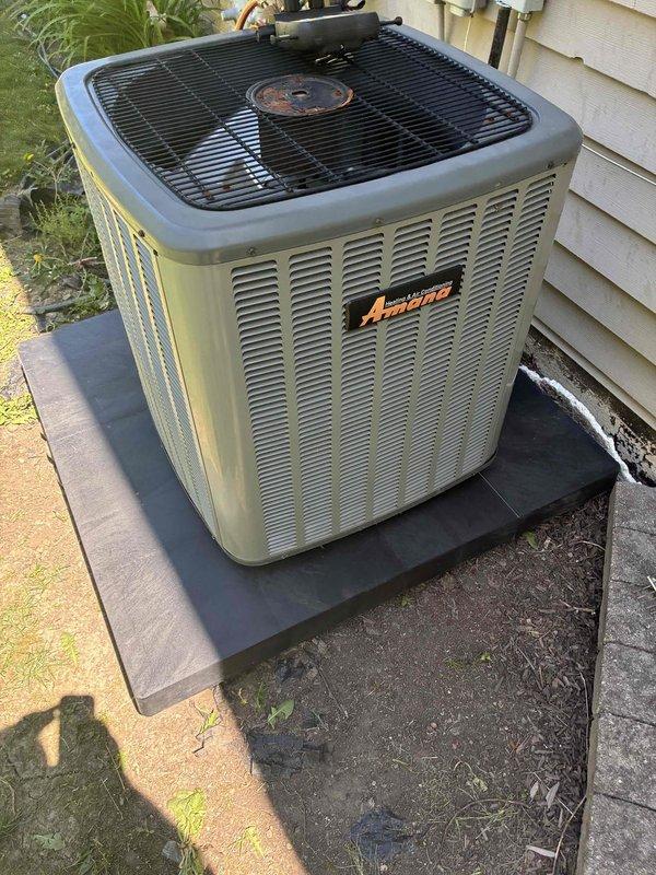 Performed pump down procedure on Ameristar air conditioning condenser unit and releveled equipment pad. Unit was properly evacuated of refrigerant using appropriate recovery methods and service gauges. Existing composite platform pad was adjusted and leveled to ensure proper drainage and equipment stability. Verified unit positioning on pad with level readings and confirmed secure placement on underlying paver base. System was recharged and tested for proper operation following pad leveling completion.