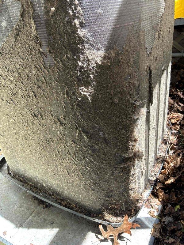 Performed comprehensive cleaning and maintenance on outdoor condensing unit exhibiting significant environmental deterioration and debris accumulation. Removed and thoroughly cleaned blower wheel assembly to restore proper airflow and system efficiency. Performed deep cleaning of evaporator and condenser coils, removing heavy buildup of dirt, dust, and organic debris that had accumulated on finned surfaces. Installed hard start kit to improve compressor starting performance and reduce electrical stress during startup cycles. Unit showed extensive signs of neglect with substantial contamination on all components and surrounding areas. All work completed at shop facility with equipment fully disassembled for thorough access and cleaning.