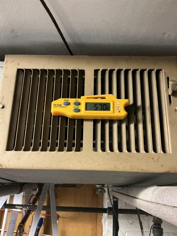 Performed routine cooling system maintenance on ceiling-mounted HVAC unit. Measured supply air temperature at register confirming 57°F output, inspected blower motor assembly and verified proper operation, and checked electrical connections and motor components. All system components found operating within normal parameters with no issues identified.