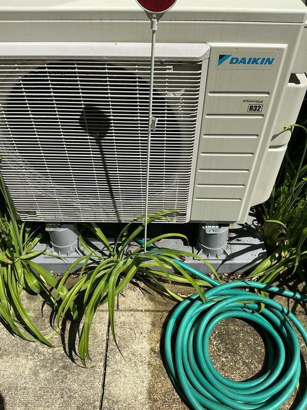 Completed routine cooling maintenance on Daikin outdoor condenser unit. Performed system inspection, cleaned condenser coils, verified proper airflow through louvers, and confirmed all electrical connections and refrigerant lines were secure and operating within normal parameters.