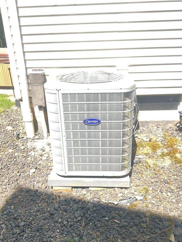 Completed routine cooling maintenance on Carrier outdoor condensing unit. Inspected exterior cabinet, coil fins, electrical components, capacitor, contactor, and wiring connections. All electrical connections were secure, capacitor tested within specifications, and unit operating properly with no issues identified during service visit.