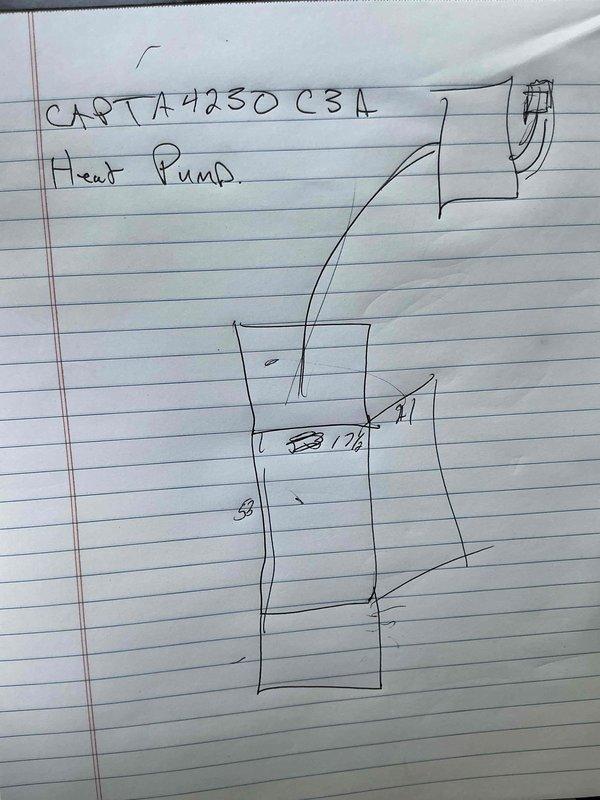 Completed HVAC estimate for heat pump and air conditioning system replacement at rental property. Evaluated existing CAPTA4230C3A heat pump air handler unit with accessible installation location in utility space, documented current system configuration including condensate drainage piping and electrical connections, and created equipment layout diagram showing proposed replacement options for property owner review.