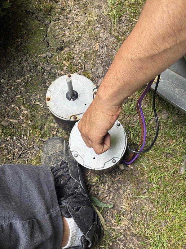 Returned to complete repair on outdoor condensing unit. Successfully replaced failed condenser fan motor and run capacitor. Performed thorough cleaning of unit interior and exterior components to restore proper airflow and system efficiency.