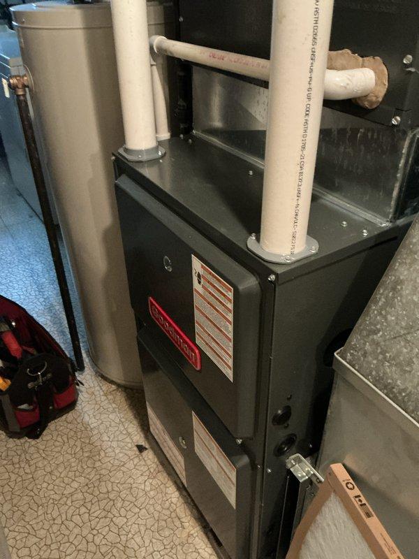 Completed routine cooling maintenance on residential HVAC system. Inspected furnace unit, ductwork, and ventilation components, verified proper airflow readings using digital anemometer showing 574 CFM at supply register, and confirmed all equipment operating within normal parameters. System tested and left in proper working condition with no deficiencies noted.