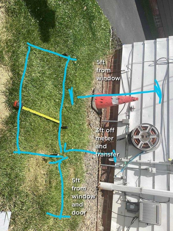 Conducted site assessment and provided electrical estimate for new Generac generator installation at residential property. Documented existing electrical service panel location, measured clearance requirements from windows and doors (5ft minimum), and identified optimal placement for generator unit adjacent to existing HVAC equipment on concrete pad with appropriate setbacks from structure and utilities.