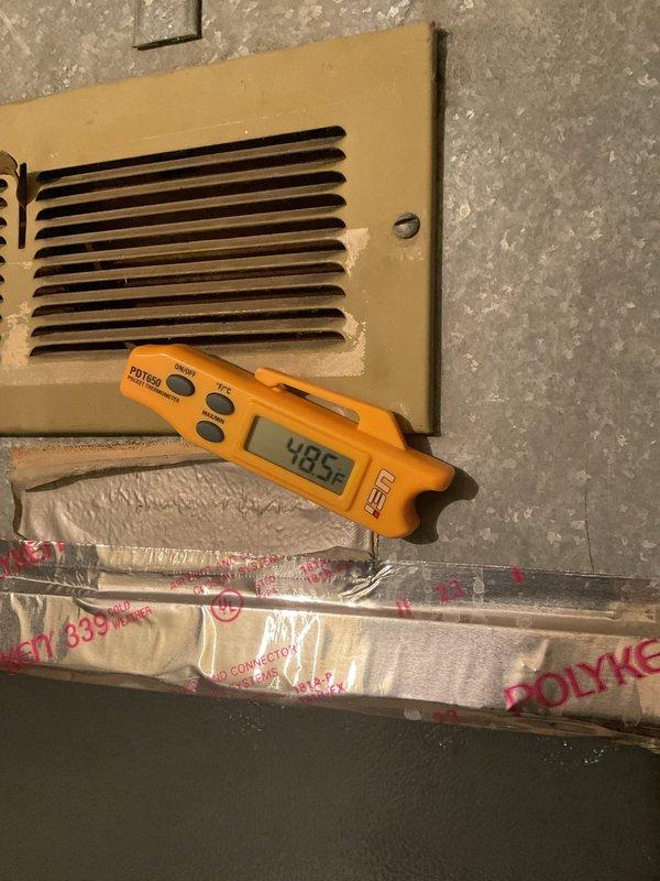 Completed cooling system maintenance on residential HVAC unit. Performed standard tune-up procedures including inspection of outdoor condenser unit, verification of supply air temperatures at register, and assessment of ductwork insulation integrity. All components found operating within normal parameters with supply air temperature reading 48.5°F, indicating proper cooling performance.