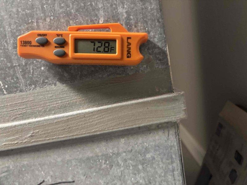 Completed scheduled cooling maintenance on HVAC system. Performed temperature diagnostics using digital thermometer, recording supply air temperature at 72.8°F at the duct system. Conducted electrical testing with digital multimeter to verify proper system operation and measure voltage/amperage readings. All components inspected and found operating within normal parameters.