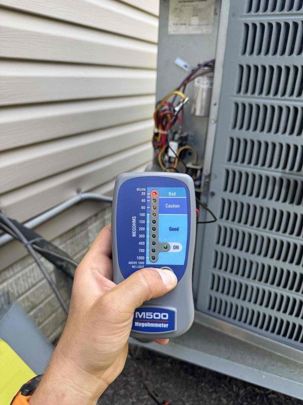 Completed preventative maintenance on residential air conditioning system as part of ongoing cooling season service plan. Performed comprehensive electrical diagnostics including insulation resistance testing with megohmmeter on compressor windings and measured amperage draw on operating components using digital multimeter to verify system performance within manufacturer specifications. All electrical connections, capacitor, and contactor were inspected and tested, with readings confirming proper operation and no immediate service needs identified.