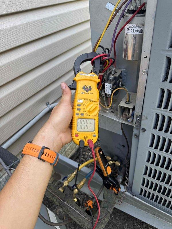 Completed preventative maintenance on residential air conditioning system as part of ongoing cooling season service plan. Performed comprehensive electrical diagnostics including insulation resistance testing with megohmmeter on compressor windings and measured amperage draw on operating components using digital multimeter to verify system performance within manufacturer specifications. All electrical connections, capacitor, and contactor were inspected and tested, with readings confirming proper operation and no immediate service needs identified.