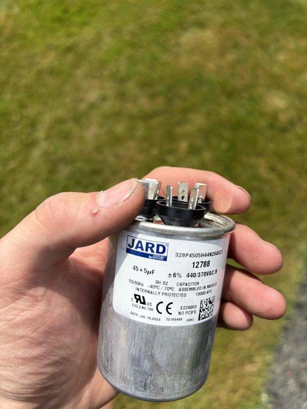 Completed scheduled cooling maintenance on two HVAC condenser units. Performed comprehensive system inspection, replaced defective capacitor on one unit with new JARD 45μF 440/370VAC dual-run capacitor, verified proper electrical connections, and confirmed both systems operating within manufacturer specifications.