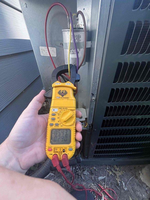 Completed comprehensive cooling system maintenance on residential outdoor condensing unit. Performed electrical diagnostics using digital multimeter to verify proper voltage and amperage readings at capacitor and electrical components. Inspected condenser coil fins, verified proper operation of outdoor unit, and ensured all electrical connections were secure and functioning within manufacturer specifications.